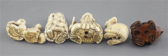 Five Japanese ivory netsuke and a similar boxwood example, late 19th / early 20th century, 3.1cm - 5.8cm